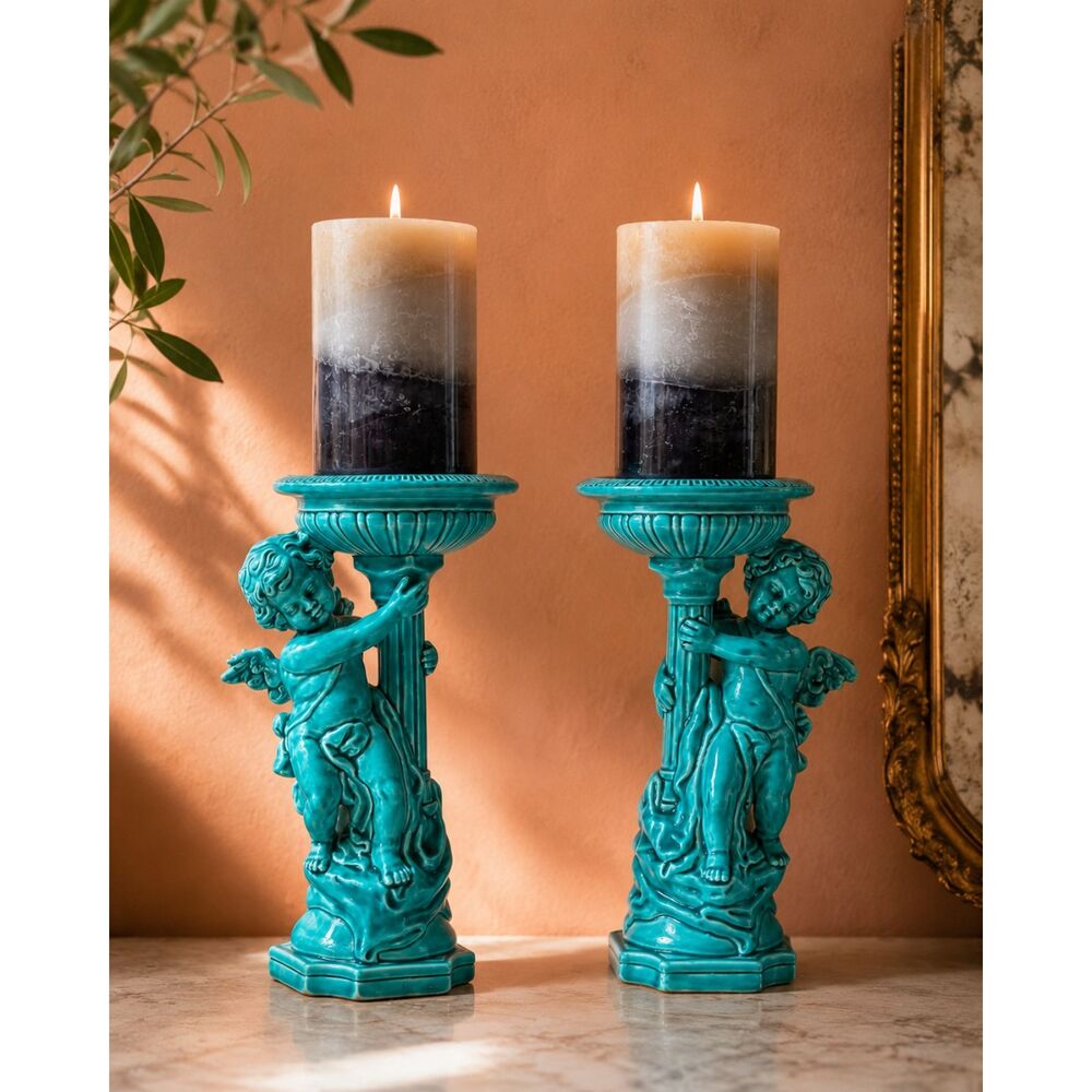 Rare Vintage Turquoise Cherub Candle Holders Angel Pedestal Hollywood Regency